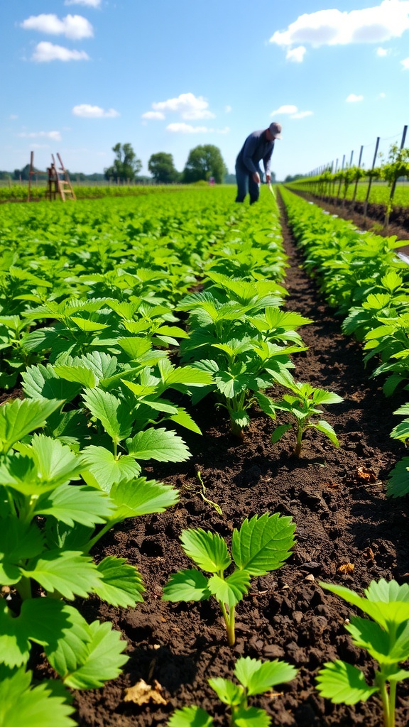 Rows of healthy potato plants in a garden with a gardener tending to them under sunny skies.
